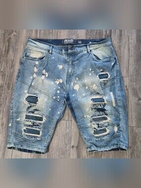 Mens AHP Another Hype Piece Distressed Denim Shorts Biker Bleach Splatter 40